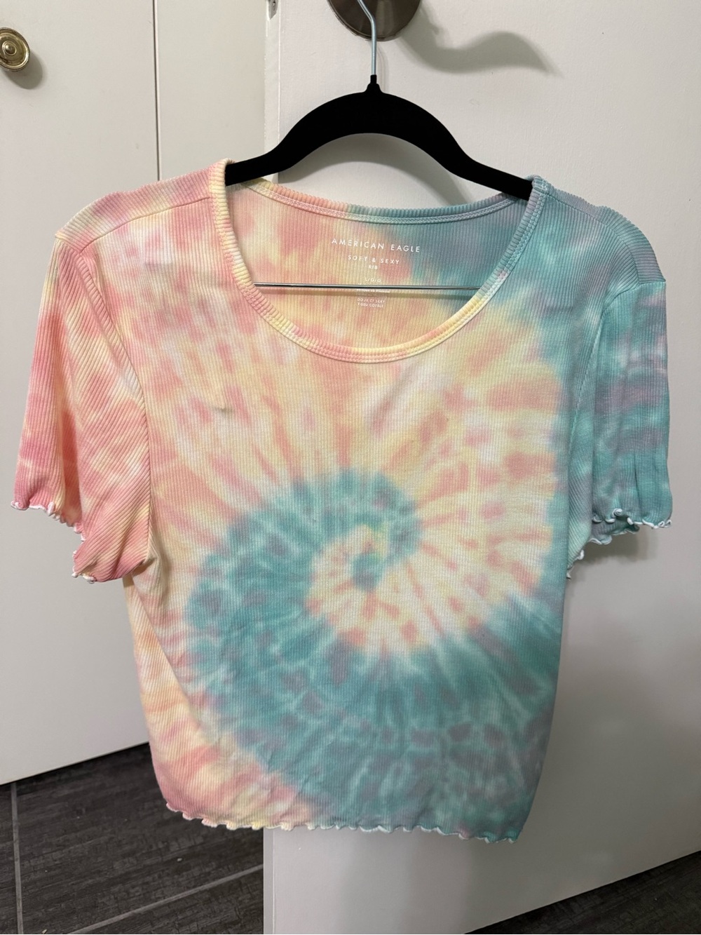 American Eagle Outfitters Pastel Tie-Dye Ribbed Crop Tee - Pink, Blue, Yellow